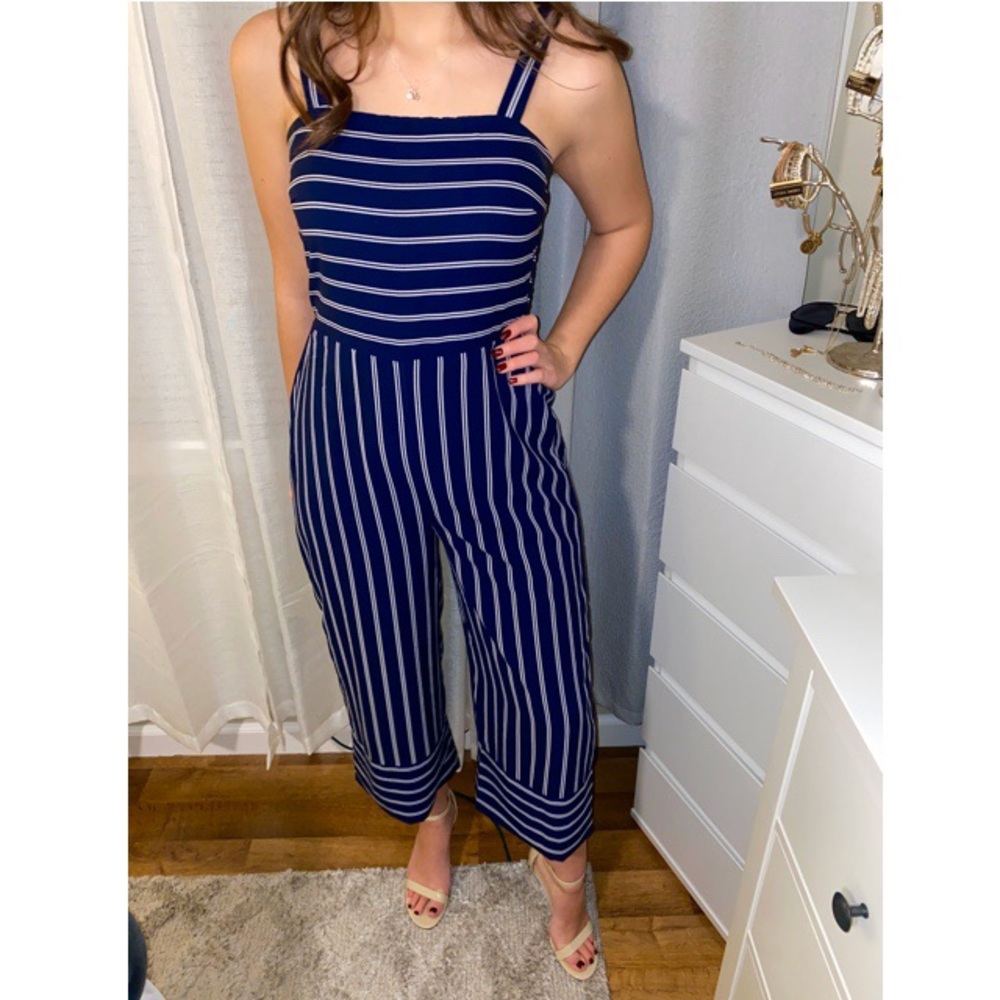 Navy and white striped parachute legged jumpsuit